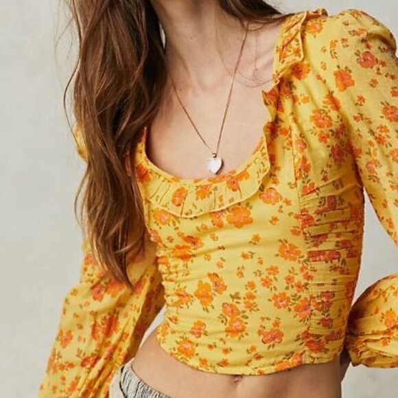Free People Yellow Floral Print Blouse Ruffles Ruching Balloon Sleeve Small NWT - Picture 3 of 16